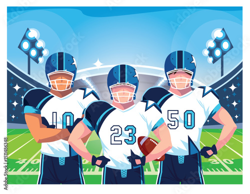 Vector illustration of a determined American football team, featuring three players in blue and white uniforms, standing on the field in front of a packed stadium, ready for a game.
