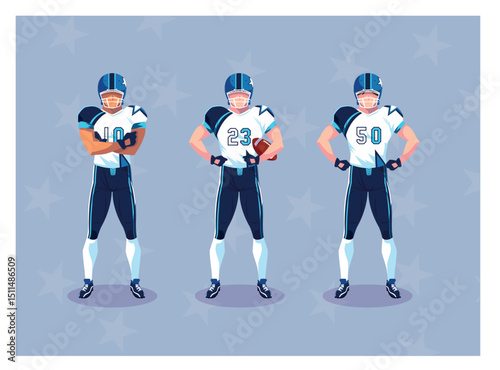 Vector illustration of three American football players in matching blue and white uniforms, each posing confidently against a light blue background with a subtle star pattern
