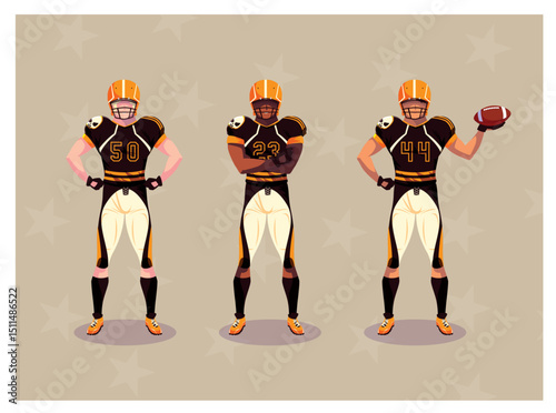 Vector illustration of three diverse American football players in matching gold and black uniforms, each displaying a confident pose against a tan background with subtle star accents