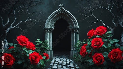 Gothic stone archway with red roses and creepy bare trees in dim landscape