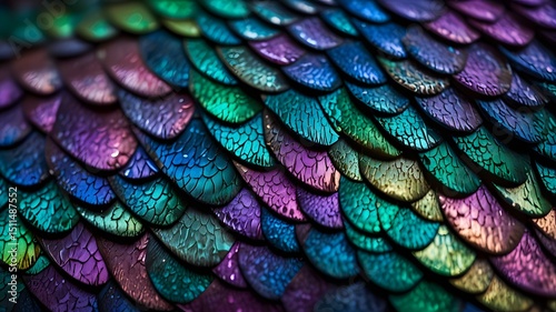 Stunning macro photograph of overlapping fish scales with a mesmerizing iridescent sheen. Colors shift from blues and greens to purples, creating a bioluminescent effect. Ideal for abstract, fantasy,