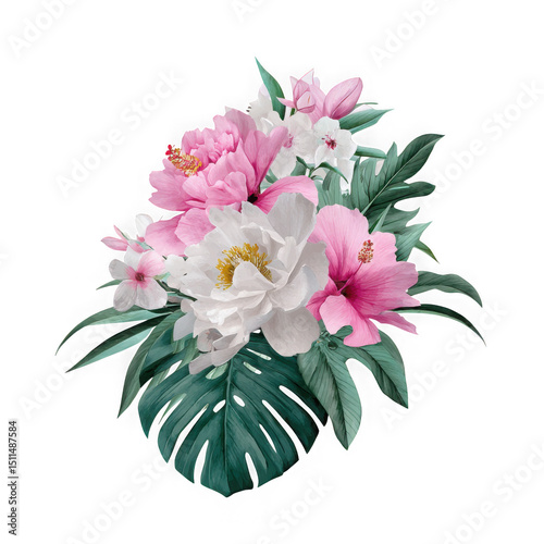 Floral arrangement of pink and white flowers isolated on transparent background