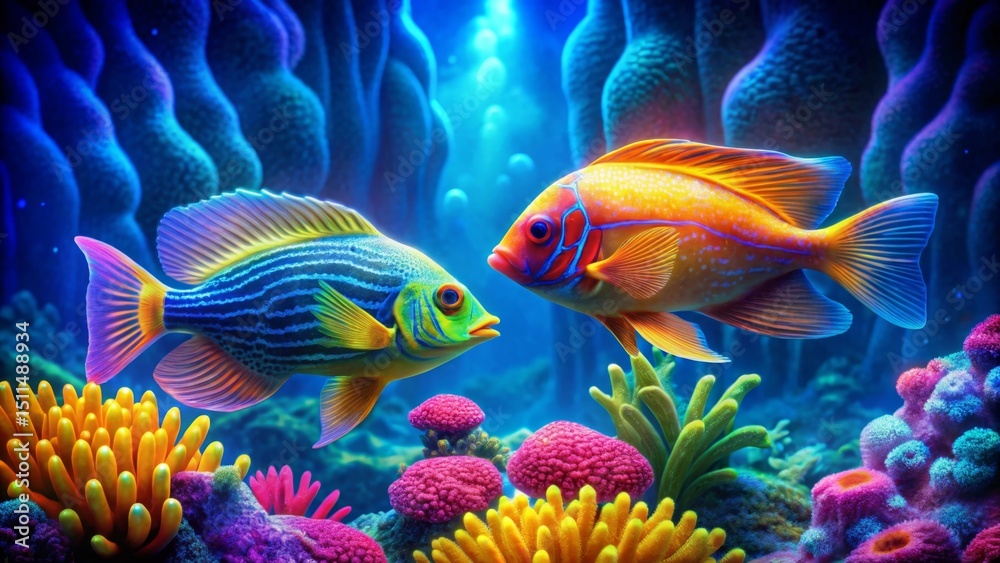 Fototapeta premium Vibrant Reef Inhabitants A Pair of Colorful Fish Gracefully Swim Amidst a Lush Underwater Garden of Coral and Sea Anemones, Exhibiting a Stunning Display of Marine Life's Beauty
