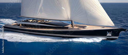 Luxury Black Yacht Sailing In Blue Ocean