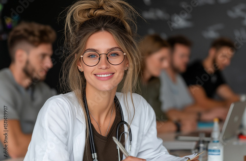 Smiling Female Doctor Working on Laptop at Desk in Minimalist Office, Using Digital Medical System for Patient Records, Wearing Glasses and Stethoscope, Professional Healthcare Technology Concept