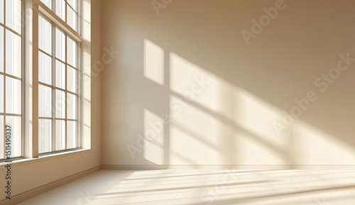 Sunlight streams through large window into empty room