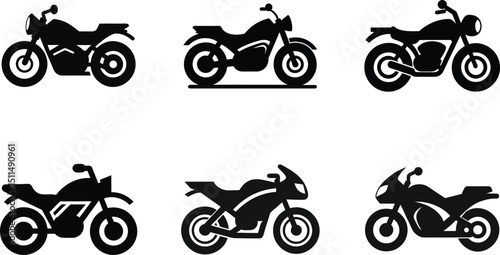 Red and black sport motorcycles, bikes, and choppers with chrome engines and wheels, isolated vector for speed transport