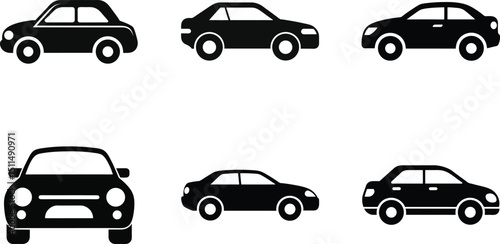 Automobile vector icon set of car, truck, and van silhouettes with wheels for transport and traffic design
