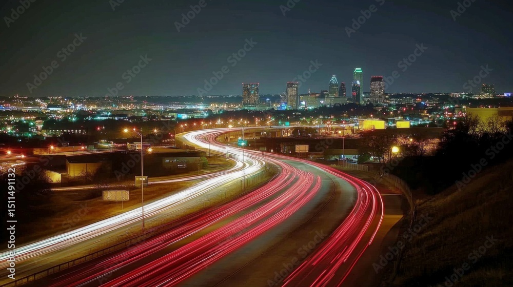 Fototapeta premium A long-exposure shot of a highway at night with streaks of red and white lights from moving cars.