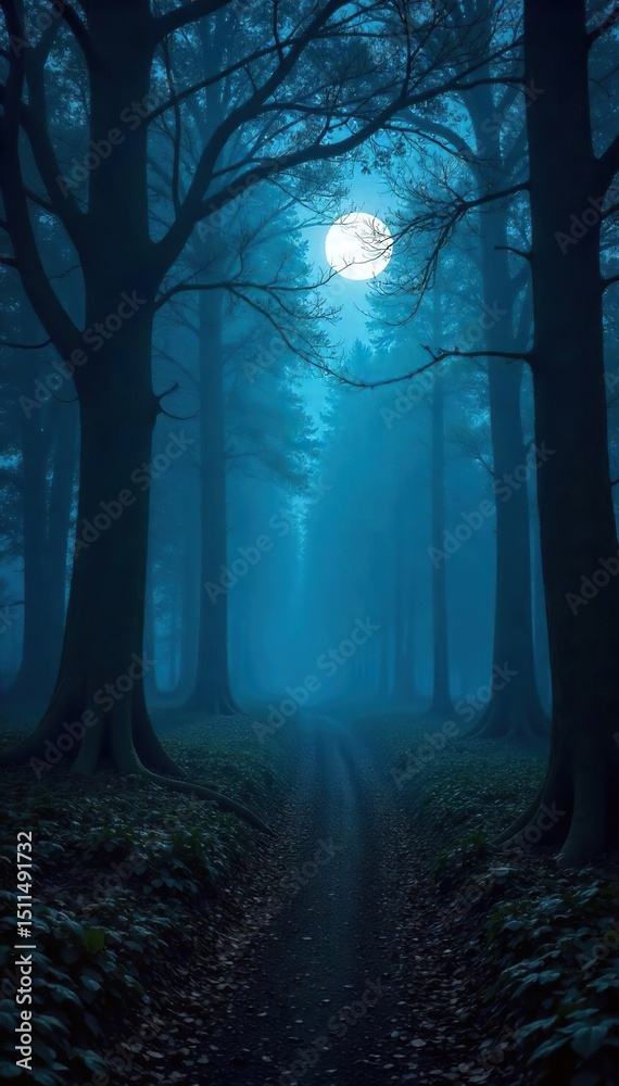 Fototapeta premium Mysterious, dark forest at night Moonlight filters through the dense canopy, illuminating the path and ancient trees Perfect for fantasy or horror themes , spooky, evergreen, gnarled