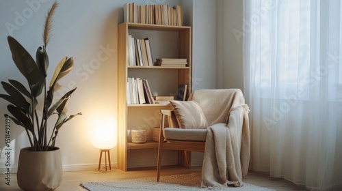 A minimalist reading nook with a simple wooden chair, a small bookshelf, soft lighting, and a cozy neutral-toned blanket.