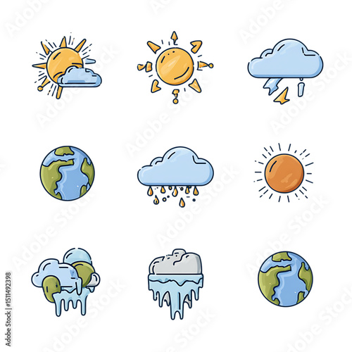 Climate Change Concept: Half Earth Melting, Sun and Clouds in Vector Icons