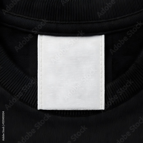 An extreme close-up shot of a crisp white fabric label neatly stitched into a black t-shirt, offering a blank, editable canvas for logos, QR codes, or taglines photo