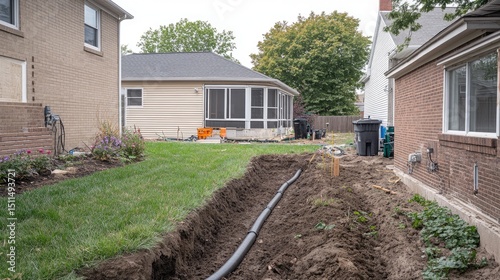 Trench dug along home perimeter showing pipe laying for drainage