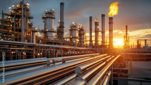 A vast petrochemical industrial complex glows with lights at sunset, featuring numerous pipes, towers, and a flaming flare stack against an orange sky, representing energy production