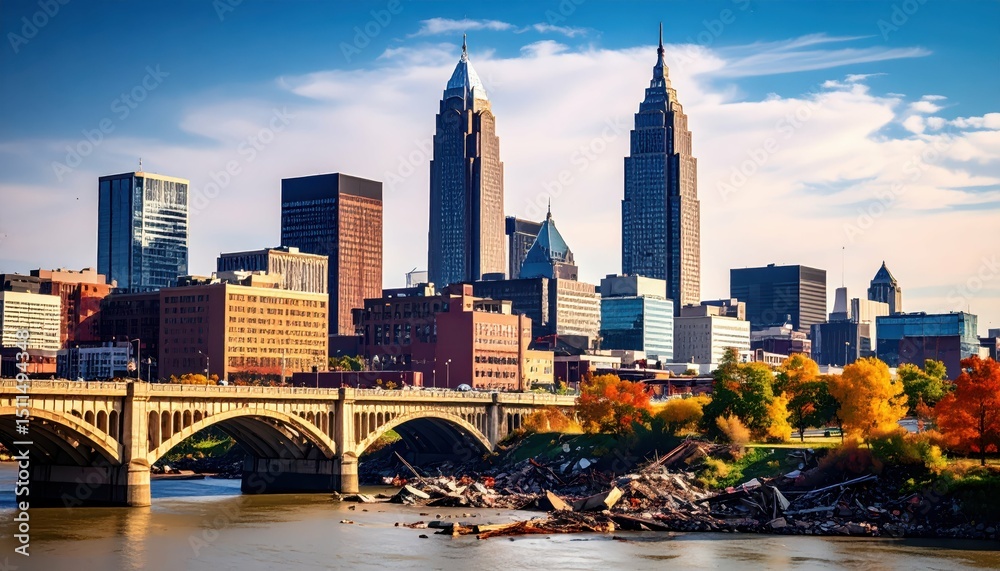 Fototapeta premium Cleveland Skyline with Bridge and River in Autumn Light