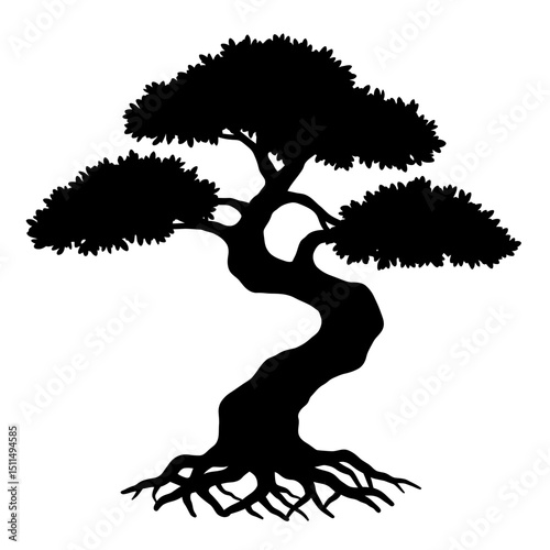 Small Bonsai Silhouette: Dense Foliage, Gnarled Trunk