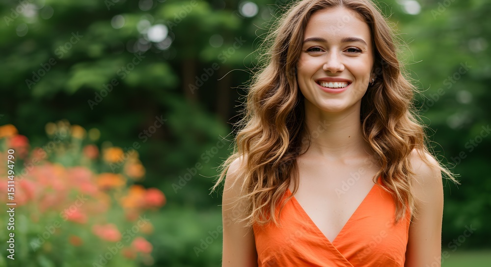 Naklejka premium Radiant Woman Smiling Outdoors A Captivating Portrait of Natural Beauty and Joyful Expression in a Lush Garden Setting