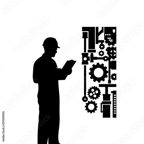 Engineer Inspecting Machinery Silhouette: Gears, Clipboard