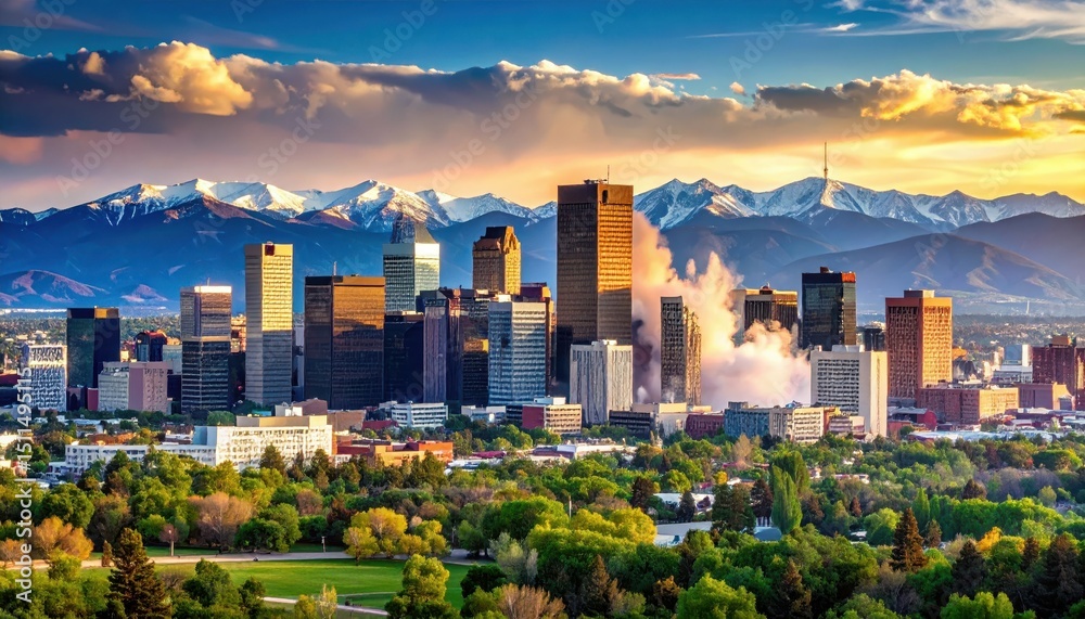 Obraz premium Denver Skyline with Rocky Mountains in Background During Sunset