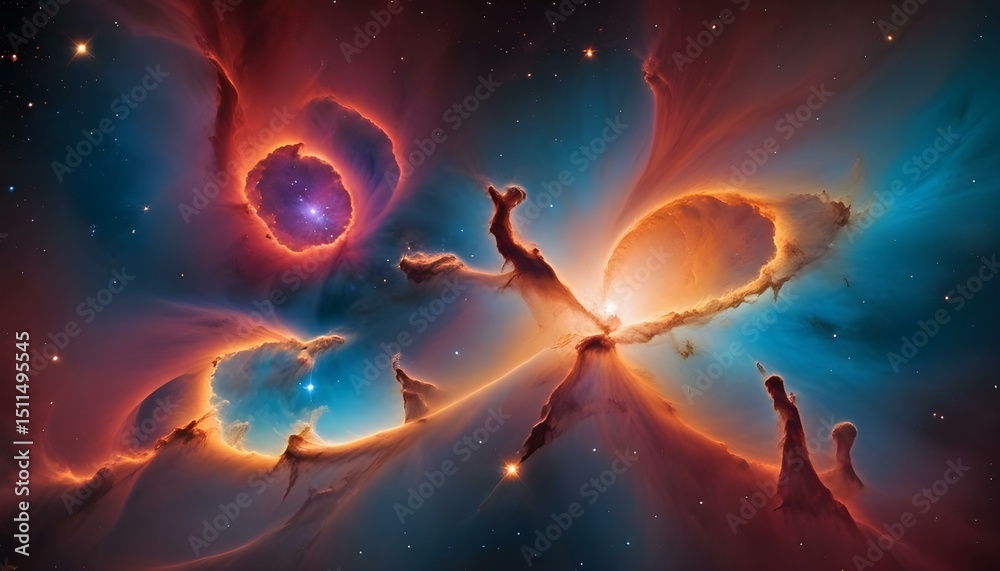 Naklejka premium Spectacular cosmic panorama depicting vibrant nebulas and celestial structures in the deep space.