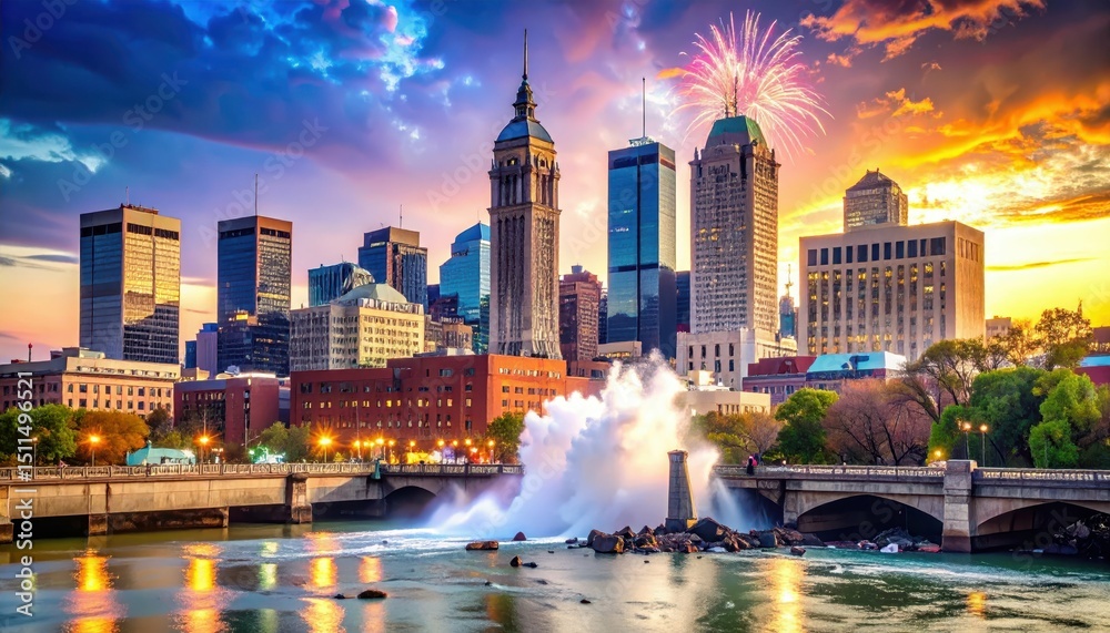 Obraz premium Vibrant Indianapolis Skyline with Fireworks over Water at Sunset