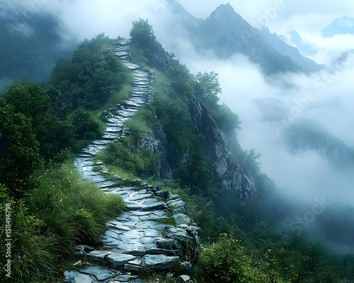A mystical mountain path leading to a hidden monastery shrouded in mist