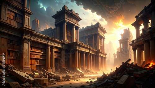 Ancient Library of Alexandria in Ruins Under Dramatic Skies