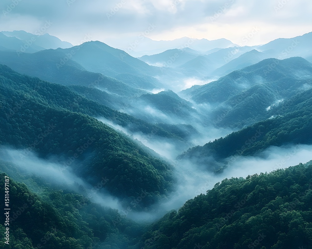 Obraz premium Serene mountain landscape shrouded in ethereal fog