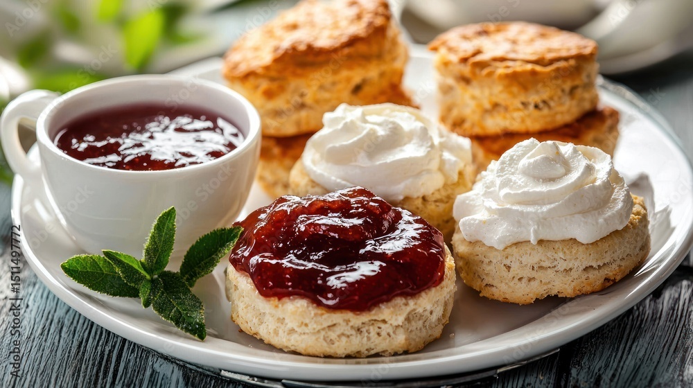 Afternoon tea served with jam and scones Afternoon tea served with jam and scones