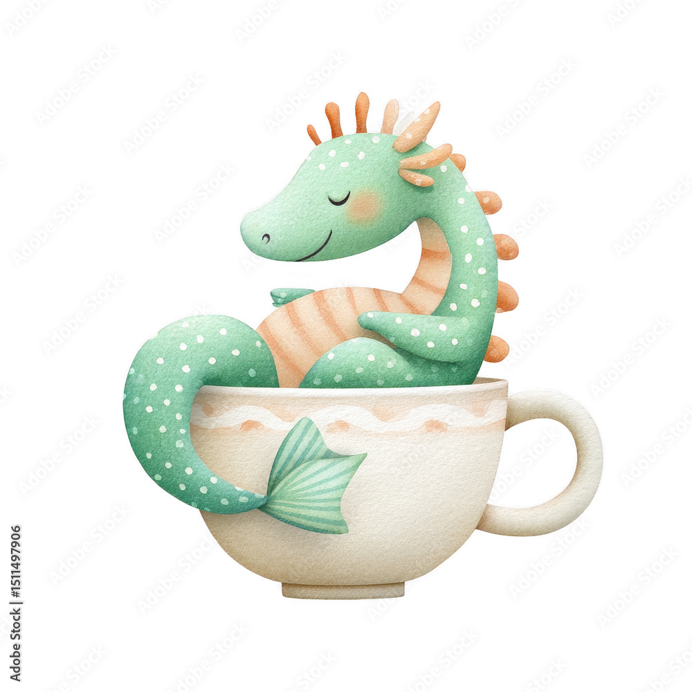 Obraz premium Cute watercolor sea dragon with green and orange colors is peacefully resting inside white teacup with soft smile and closed eyes