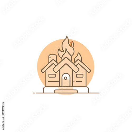   Outline vector icon of a burning house, clean mono-line strokes, centered on soft peach background 