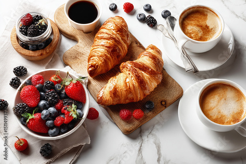 French breakfast: croissants, coffee and berries on marble surface photo