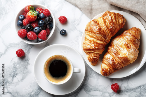 French breakfast: croissants, coffee and berries on marble surface photo