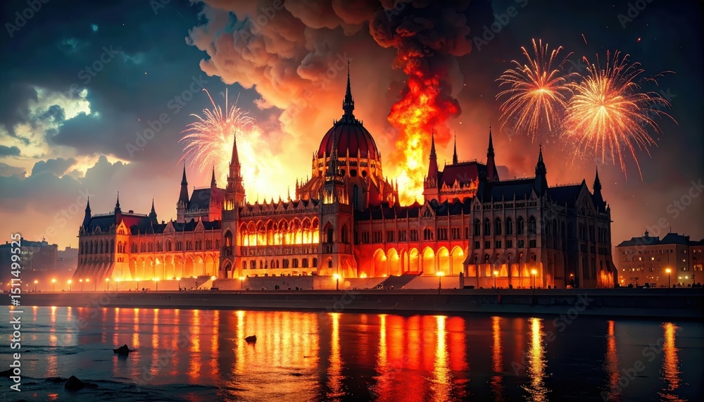 Obraz premium Dramatic Fire and Smoke over Parliament Building at Night