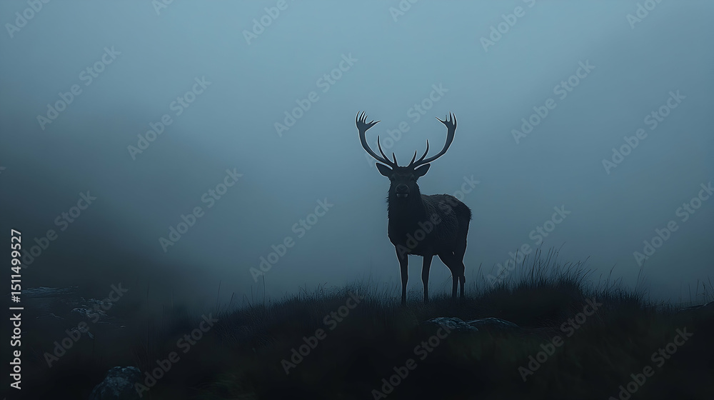 Naklejka premium Silhouette of a stag in a misty landscape.
