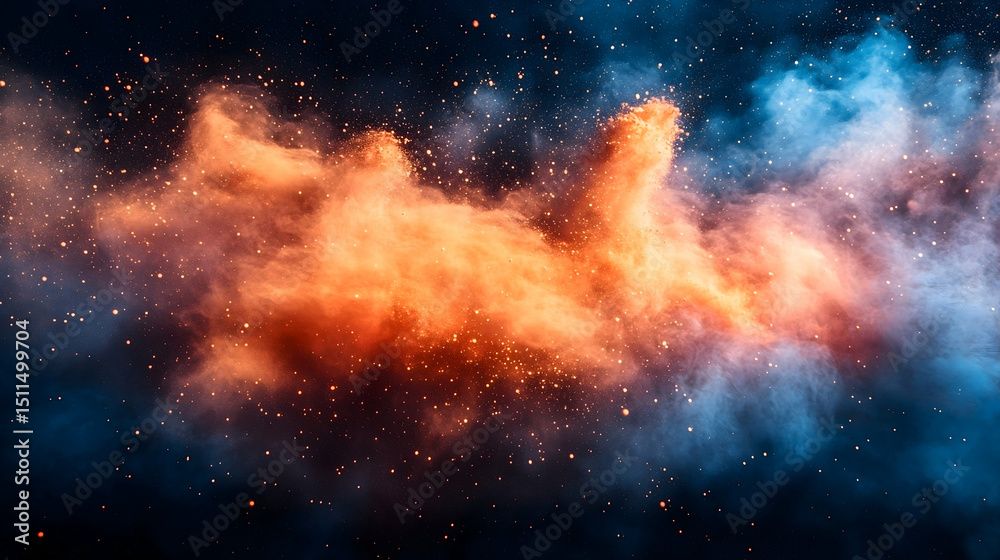 Fototapeta premium Abstract celestial nebula. Orange and blue smoky clouds fill the darkness, speckled with glowing particles