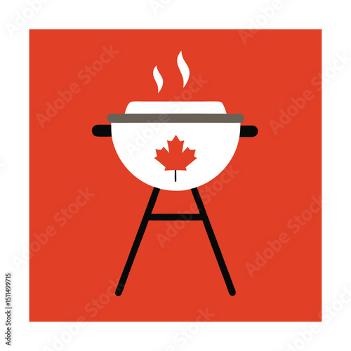 Canadian celebration cookout depicted with a grill and maple leaf on red background