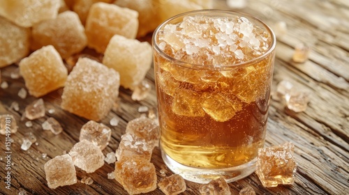 Cold sweet tea with sugar crystals beside glass