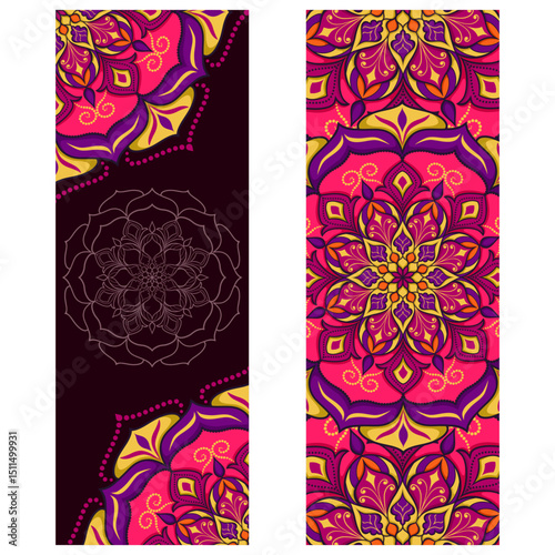 Elegant mandala yoga mat design in Royal Fuchsia, Saffron Zest, and Plum Purple. Ideal for yoga gear, home decor, spiritual accessories, or bohemian textile printing
