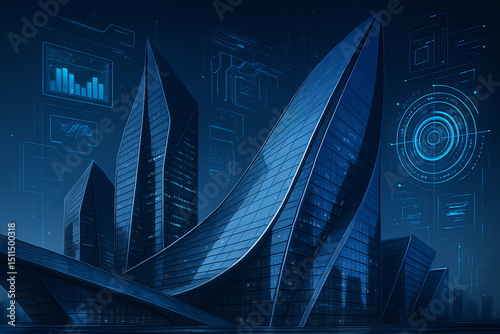 Futuristic Smart City Skyline with Innovative Skyscrapers, Digital Interface Elements, and Blue Cyber Technology Lighting at Night – Concept of Urban Innovation