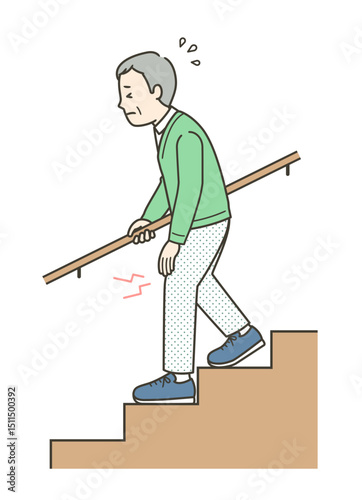 膝の痛みがあり辛そうに階段を下る高齢男性のイラスト