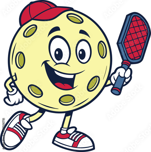 Happy pickleball mascot cartoon character holding paddle