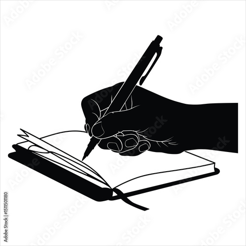 Black silhouette vector of a hand holding a pen and writing in an open notebook or journal
