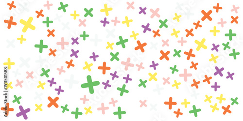 Seamless background pattern of evenly spaced white plus symbols of different sizes and opacity. Vector illustration