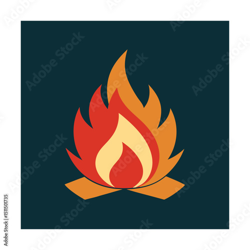 Vibrant flat illustration of a campfire burning with flames on a dark background