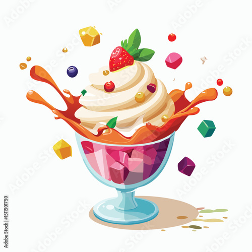 Ice Cream Sundae with Sauce Splash creative isometric illustration with layered dimension and depth cues.