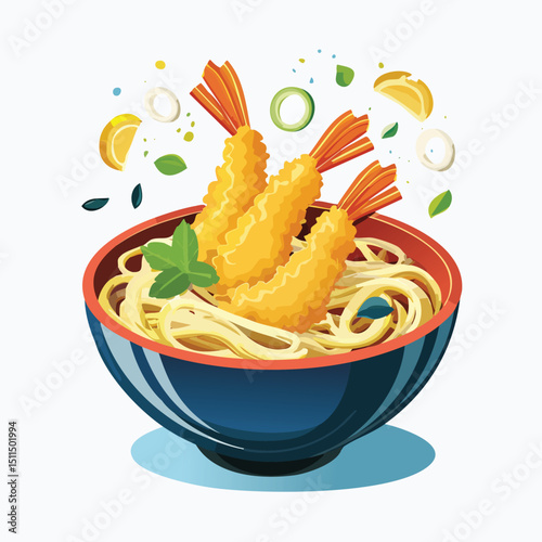 Tempura Udon with Sauce Splash creative isometric illustration with layered dimension and depth cues.