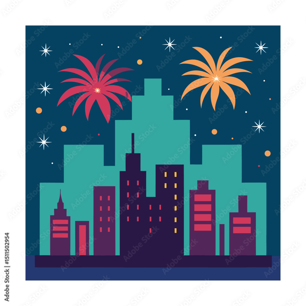 Fototapeta premium Festive cityscape with fireworks display celebrating nighttime events in abstract style