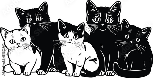 Adorable Black and White Kittens Group Posing TogetherCute Pets Family Illustration